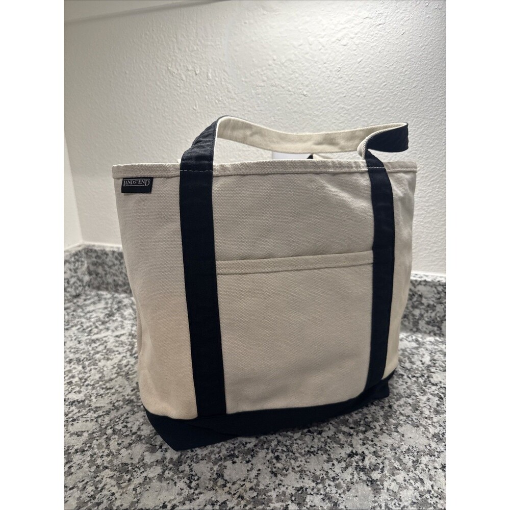 Vintage LANDS END Canvas Tote Bag Zip Top Ivory Navy Blue 18”x13”x6” Made in USA